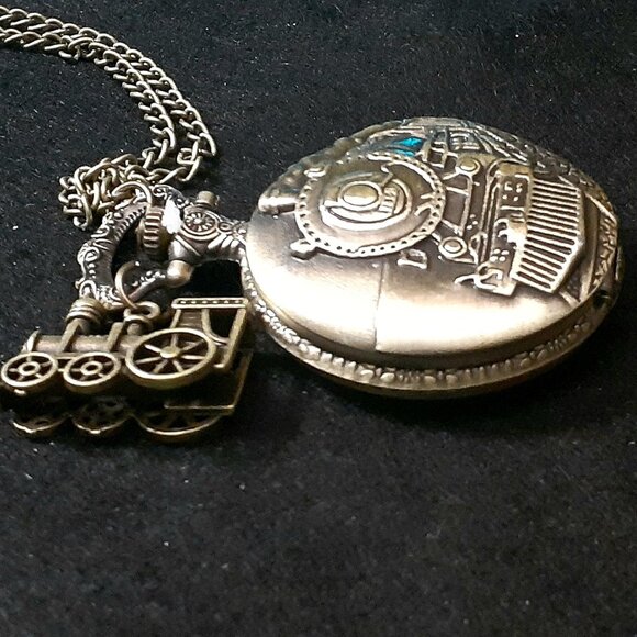 Vintage Style Locomotive Train Quartz Pocket Watch Men Gift Bronze w/Train Charm - Picture 7 of 8